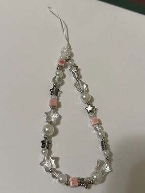 Unique Handmade Beaded Star Phone Charm - Pink & White